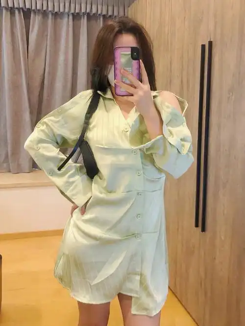 160105斤纯欲显瘦露肩衬衫裙