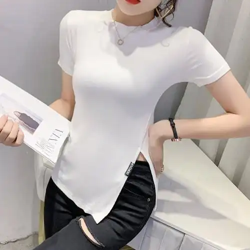 白色不规则t恤女短袖夏装个性下摆设计感开叉上衣百搭紧身小衫潮