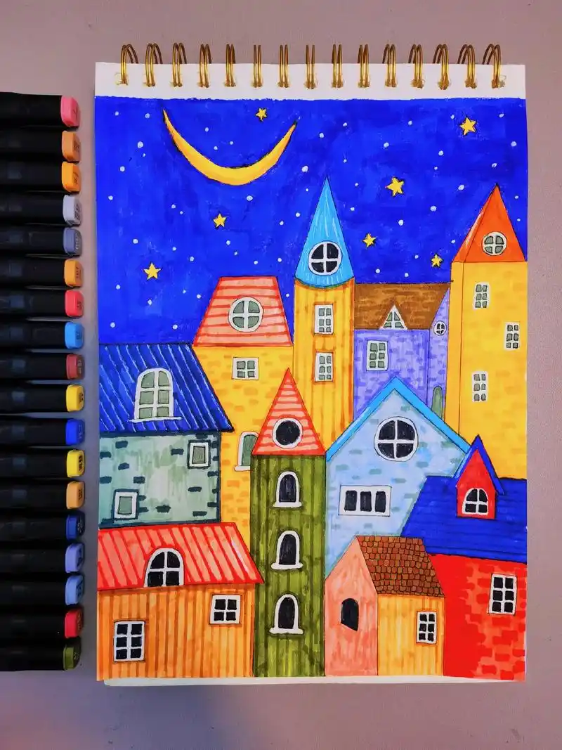 坚持画100个房子——第19天.哈哈,变了型的月亮93 #图 - 抖音