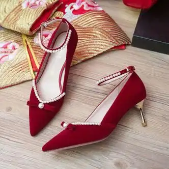 红色高跟鞋女结婚平时可穿绑带婚鞋2023年新款新娘鞋不累脚中式红色6