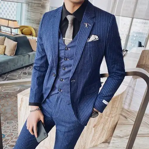 2020春夏新款英伦风男士单排休闲西服条纹三件套西装xz222-p295灰