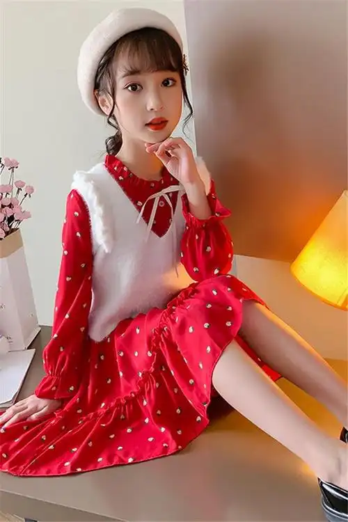 女童连衣裙春秋 小女孩网红长袖公主裙毛背心儿童洋气可爱红色裙子