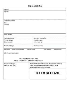 海运电放提单模板