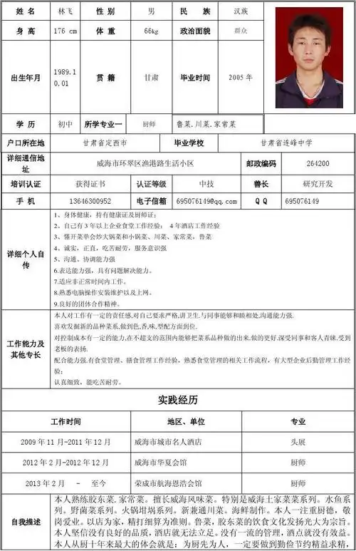 厨师个人简历表