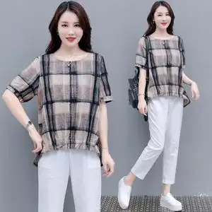 轻熟套装阔腿裤女2021夏新款宽松洋气减龄时尚棉麻气质印花两件套