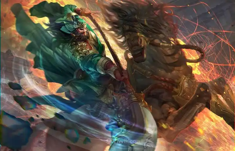 古代关羽武将骑马砍刀战场绘画图片