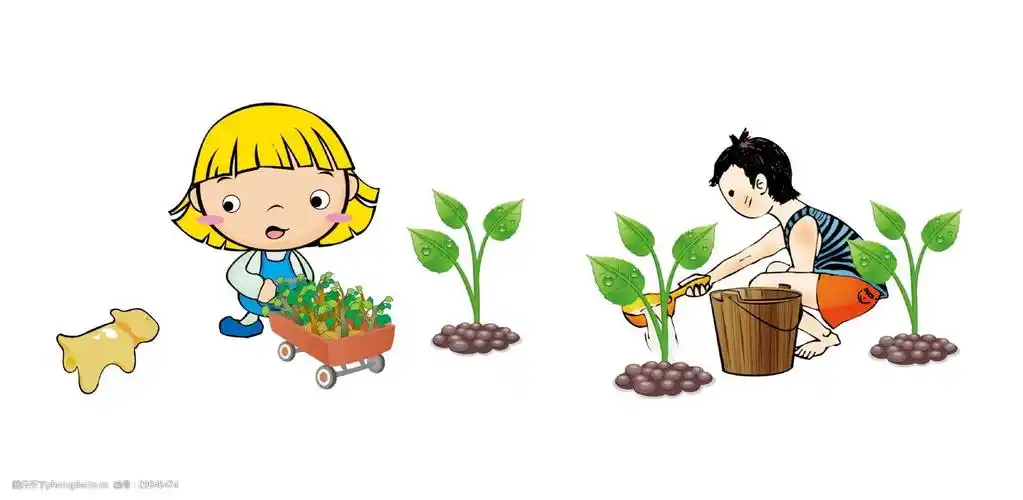 手绘卡通父女种树装饰素材