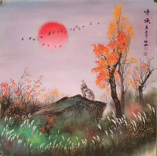 中国实力名家周佑林草原山水花鸟画 鸟语花香 四季美景可定制