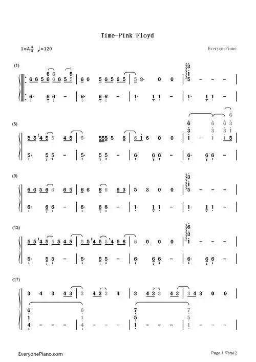 time-pink floyd-钢琴谱文件(五线谱,双手简谱,数字谱,midi,pdf)免费