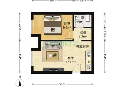 北京北洼西里2室1厅1卫50平米户型图