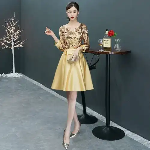 金色亮片小晚礼服女平时可穿气质高贵主持人短款成人礼宴会连衣裙