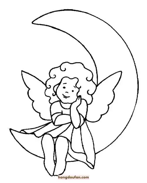 梦境中的月亮和可爱小天使卡通儿童填色图片-红豆饭小学生简笔画大全