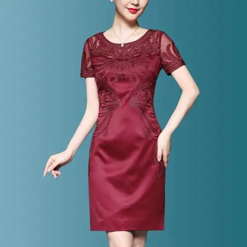 中老年婚庆婆婆装女士夏装新款短袖圆领丈母娘婚礼妈妈礼服连衣裙