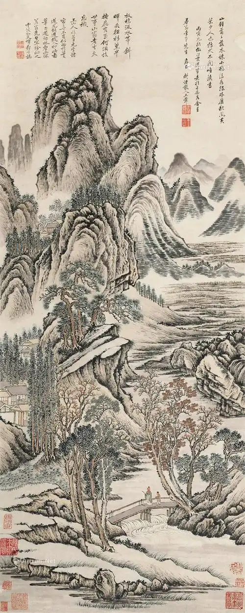 水村图 立轴 设色绢本