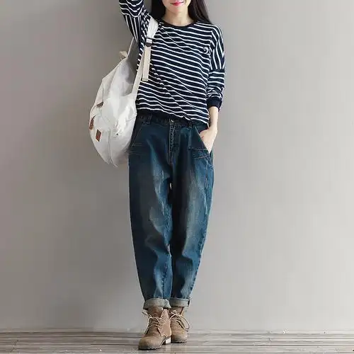 2020春秋季新牛仔萝卜裤小脚大码胖mm做旧长裤宽松休闲哈伦裤女