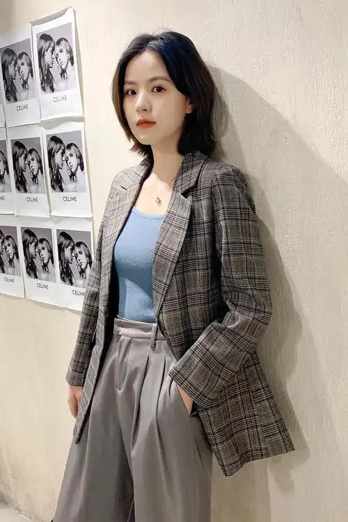 时尚格子西装外套女中中长2021新款女装修身格纹西装