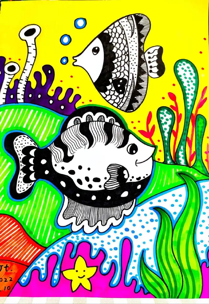 线描海底世界小鱼来喽