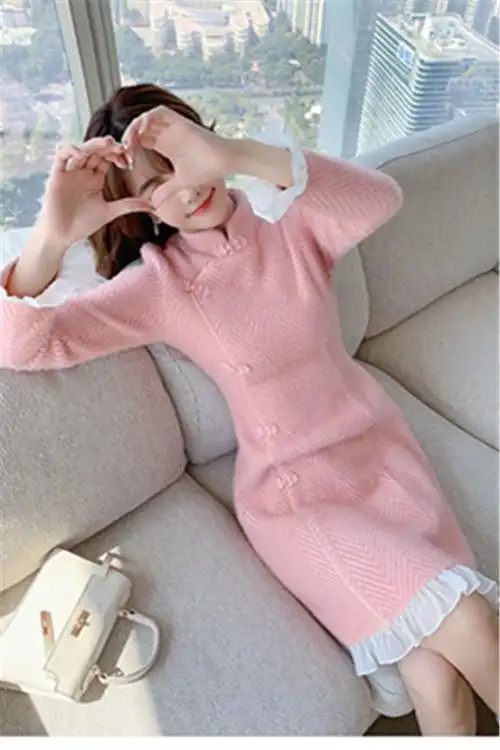 雁皇2021年秋冬新款少女粉色旗袍改良版连衣裙女气质加厚针织裙年轻款