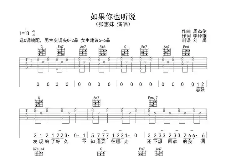 如果你也听说吉他谱_张惠妹_c调弹唱吉他谱59%原版 - 吉他世界