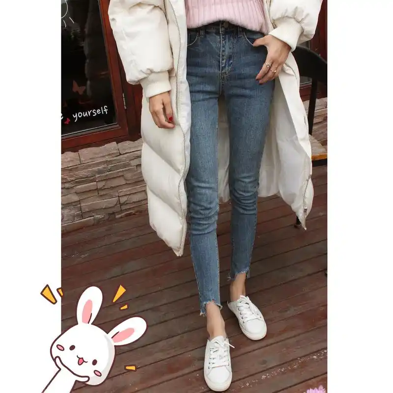 2020春秋显瘦长裤高腰网红牛仔裤女九分破洞铅笔裤韩版紧身小脚裤