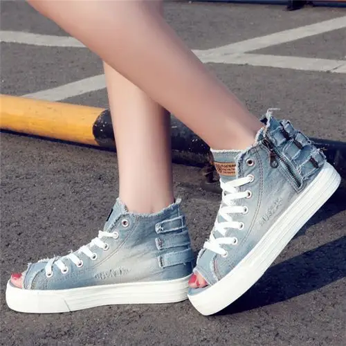 名将夏季牛仔做旧镂空鱼嘴板鞋侧拉链女款厚底帆布鞋m-6693