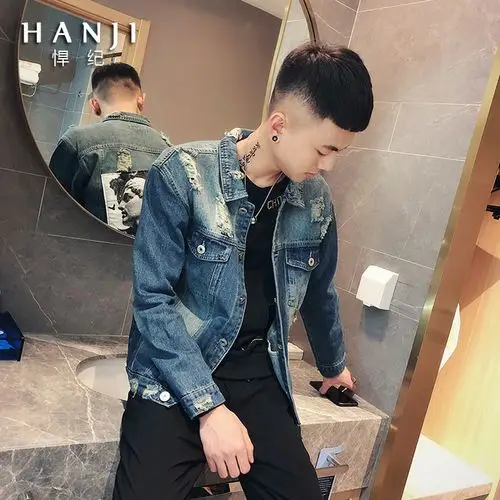 男士牛仔夹克男韩版潮流帅气社会精神小伙春装牛仔衣网红潮牌外套