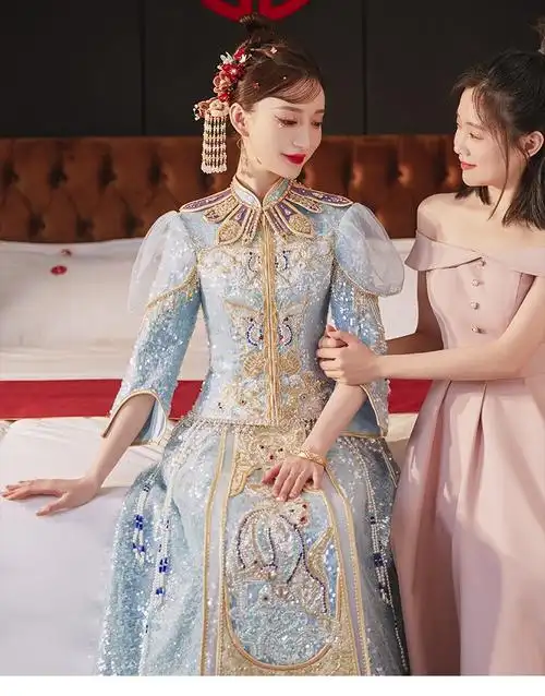 龙曼尼仕冰蓝色秀禾服新娘2022新款结婚礼服女婚纱中式龙凤褂显年轻款