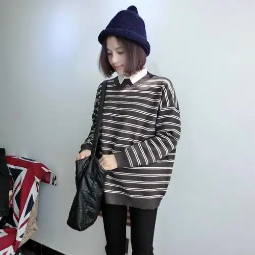 韩版休闲宽松套头小蝙蝠袖毛衣外套女 2015春季女装条纹线衣