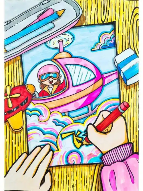 主题绘画,框式构图,可提前搜集学员的梦想,准备好不同素材进行替换.