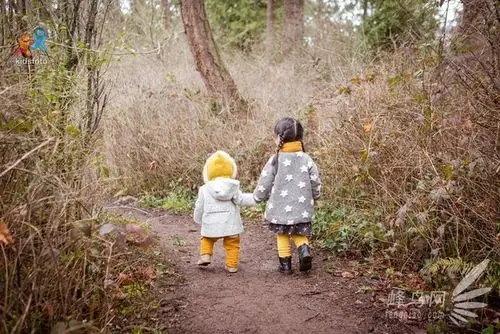 姐俩手牵手走在森林里.