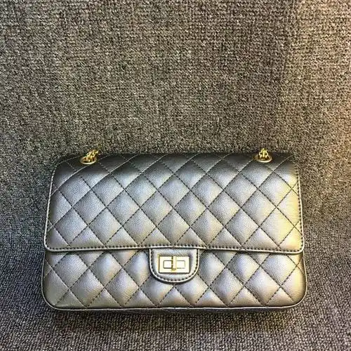 香奈儿17春季灰金皮革255手提包金链银链中号