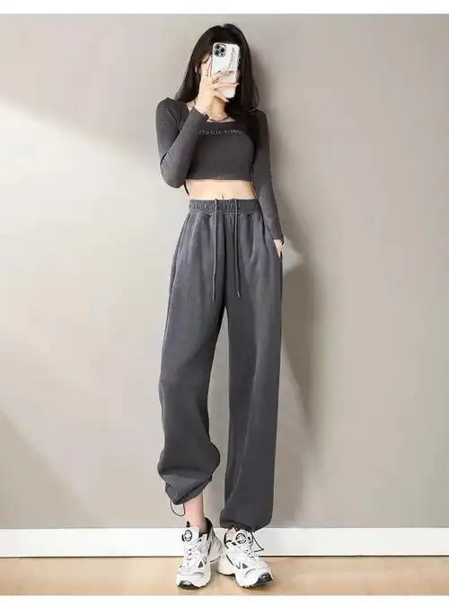 休闲裤女冬季加厚灰色运动裤女秋冬季宽松束脚显瘦加绒加厚小个子休闲