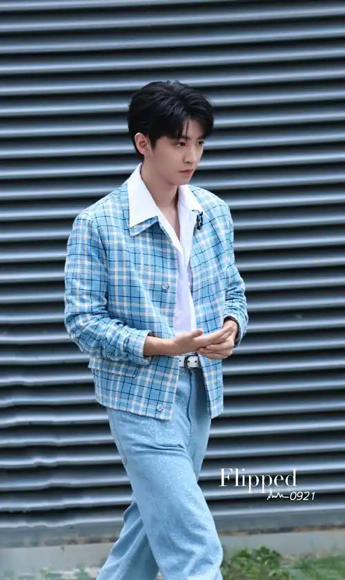 王俊凯蓝色格纹v领西装