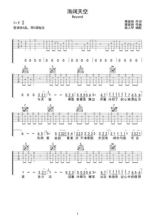 海阔天空c调六线pdf谱吉他谱-虫虫吉他谱免费下载 - 在线试听-原创,翻