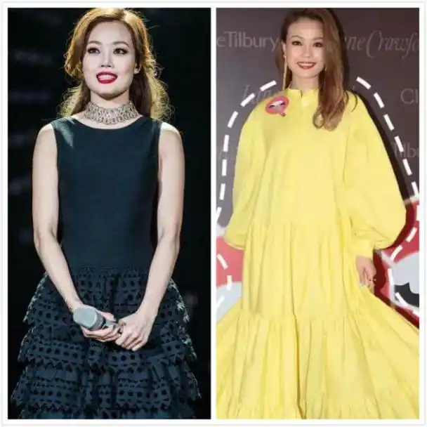 还有像容祖儿的这两身裙装造型,大部分怀孕的妈妈都不会穿的这么宽松