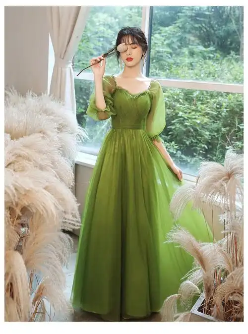 cocl轻奢女装绿色泡泡袖遮手臂2022新款小众晚礼服裙伴娘服学生平时可