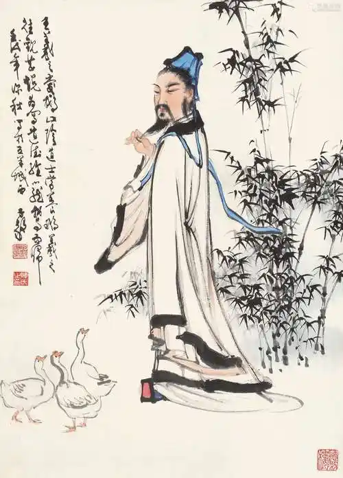 陈子毅壬戌1982年作王羲之爱鹅立轴设色纸本