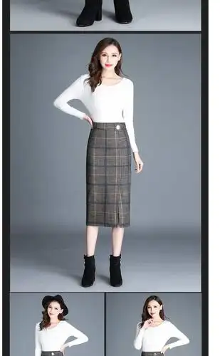 中长款一步裙秋冬新款毛呢半身裙女高腰显瘦开叉格纹包臀裙长包裙