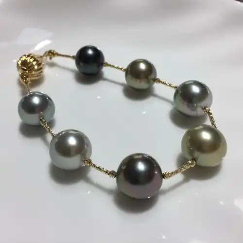 18k麦典1112mm海水正圆强光大溪黑珍珠手链金隔珠手饰