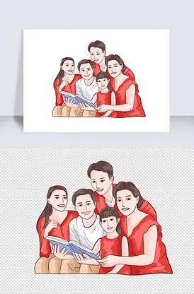 手绘春节除夕三代同堂过节拍全家福人.