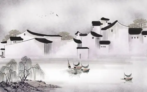 壁画_背景墙_a03243(j3)中式水墨江南水乡房子柳树渔船马头墙飞鸟国画