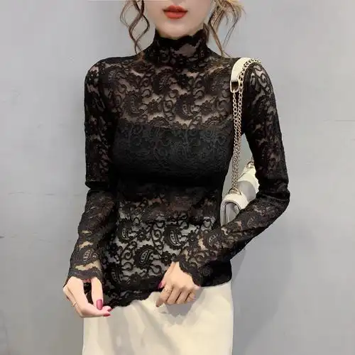 开春弹力黑色蕾丝打底衫内搭网纱配皮草高领洋气欧货潮小衫女上衣