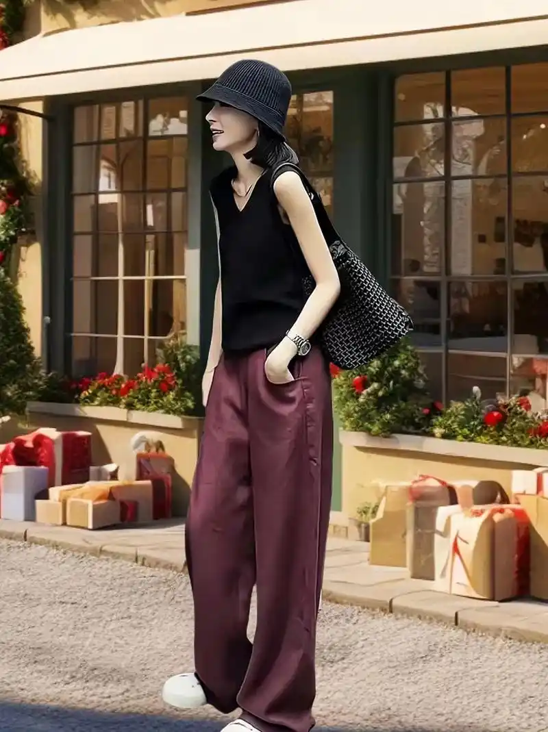 进口轻捻红棕色亚麻阔腿裤女夏季薄款高腰垂感直筒裤百搭休闲裤# - 抖