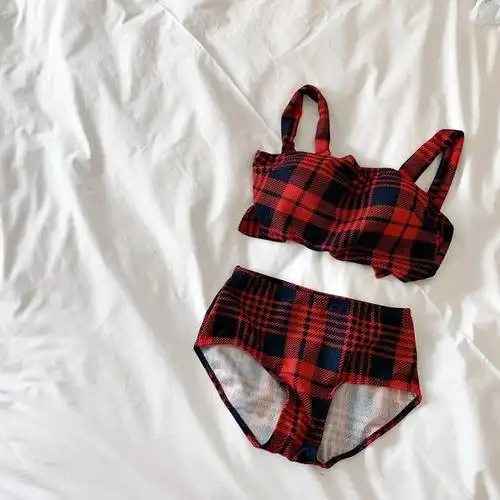 特价绿色复古格子比基尼温泉小胸泳装游泳衣显瘦露背连体性感沙