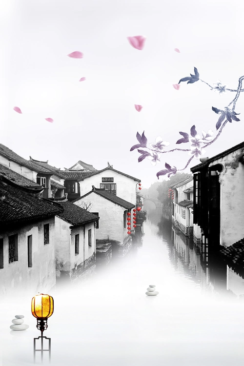 水墨江南古镇旅游攻略海报背景素材