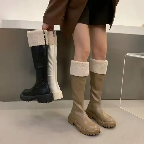 棕色长筒骑士长靴女鞋2022年新款秋冬季加绒毛毛时装靴
