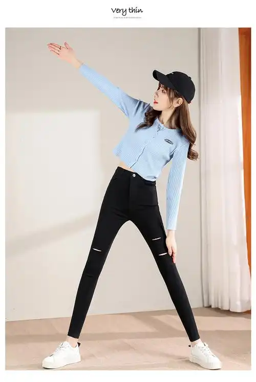 5606#春夏薄款女长裤破洞打底裤学生女裤子修身小脚铅笔女裤子潮 - 17