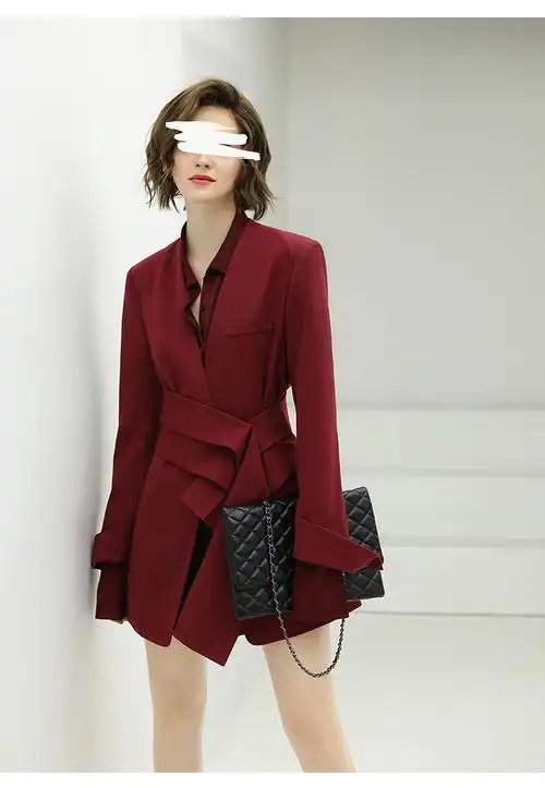 cocobella设计感腰封酒红西装女早秋裸领中长款通勤外套ct1230 酒红 m