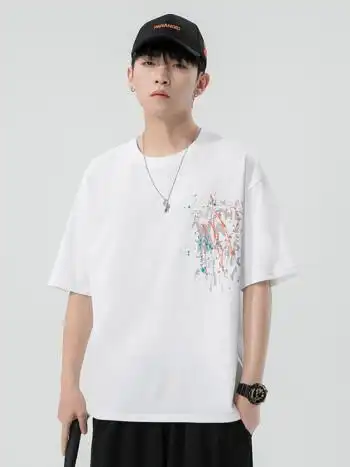 t恤男夏季新款宽松潮牌印花男士体恤日系休闲半袖情侣潮牌ins白色m