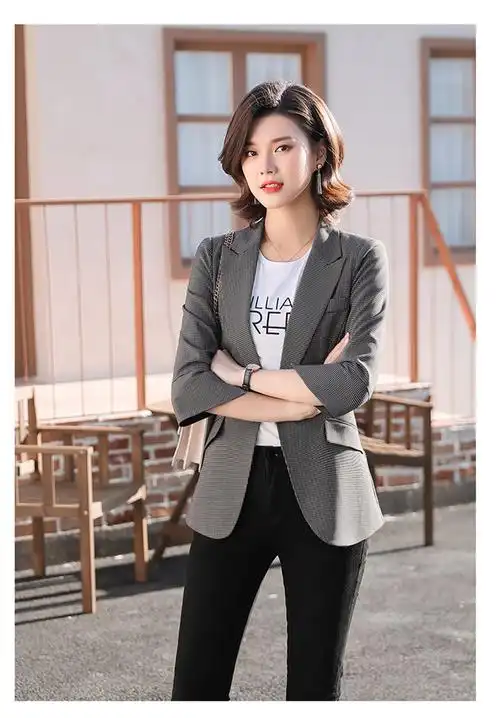 格子西装外套女气质休闲百搭2020春季新款职业装女装西服显瘦喇叭袖